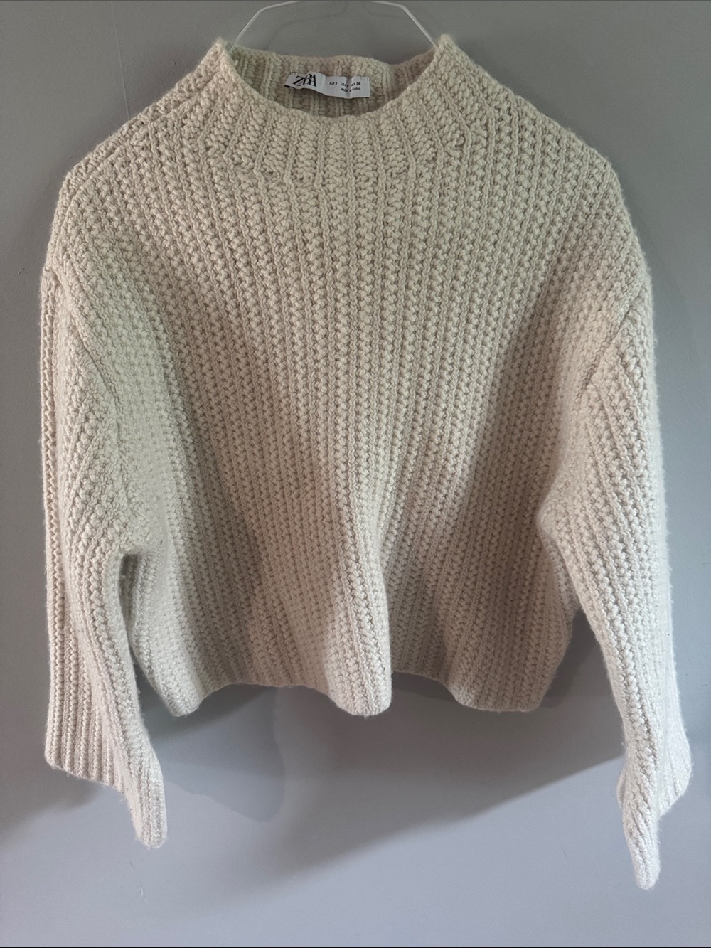 Zara Wool Blend Chunky Knit Cropped Sweater Small Cream Crewneck Cozy